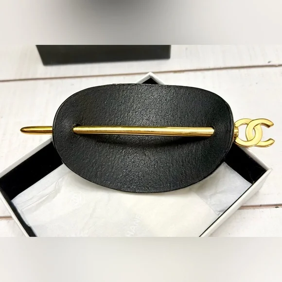 Chanel Gold Logo Leather Camellia Flower Hair Pin Accessory - Picture 5 of 10